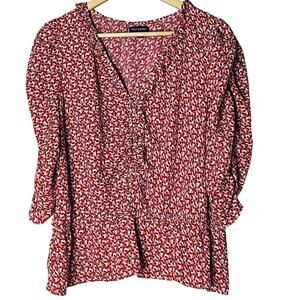Max Edition Red White Floral Short Sleeve Blouse XL Elastic Waist Peplum